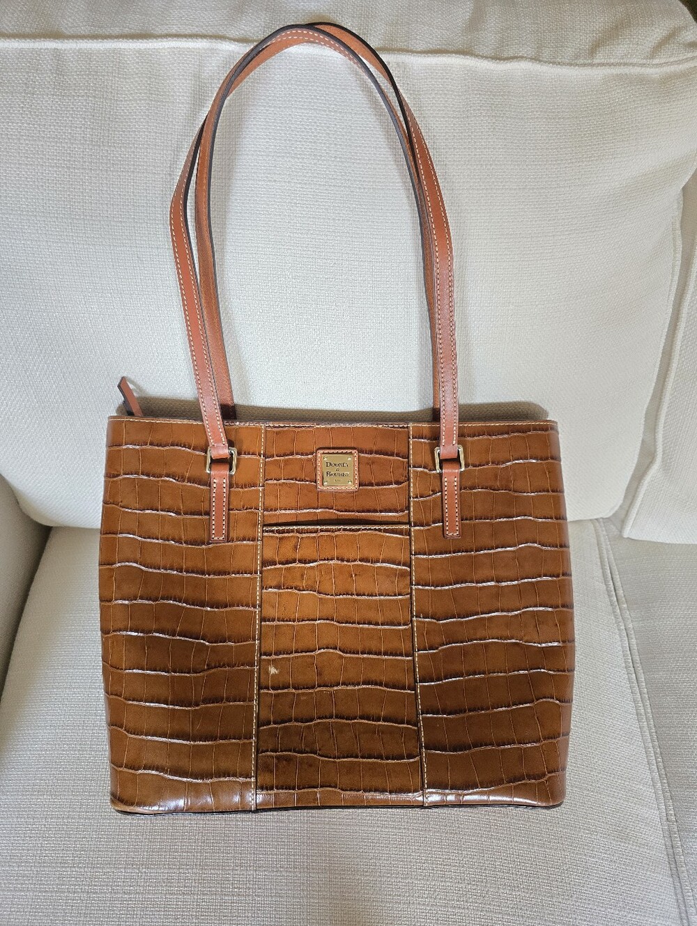 DOONEY & BOURKE VINTAGE BROWN LEATHER CROCODILE LARGE 14” TOTE PURSE CARRYALL